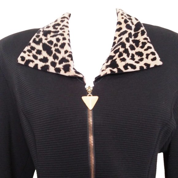 Vtg 80s Jessica Howard Black Coat Dress Size 16 Stretch Zip Front Leopard Trim - Picture 2 of 5
